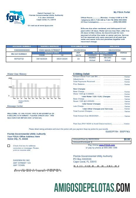 realista Modelo de conta de serviços públicos FGUA dos EUA, Flórida, em formatos Word e PDF